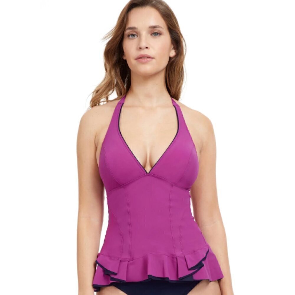 Profile by Gottex Belle Curve V-Neck Halter Tankini 12 Purple Black Top
